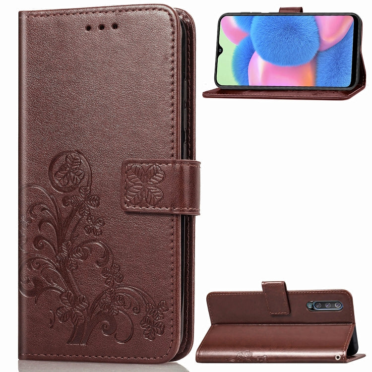 For Galaxy A30S Four-leaf Clasp Embossed Buckle Mobile Phone Protection Leather Case with Lanyard & Card Slot & Wallet & Bracket Function