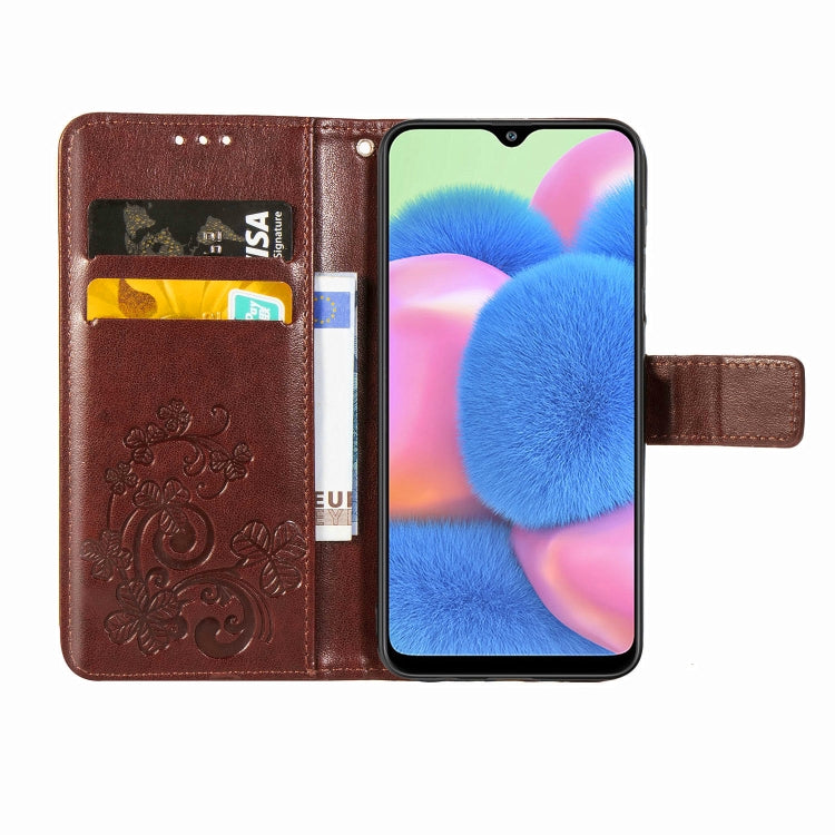 For Galaxy A30S Four-leaf Clasp Embossed Buckle Mobile Phone Protection Leather Case with Lanyard & Card Slot & Wallet & Bracket Function