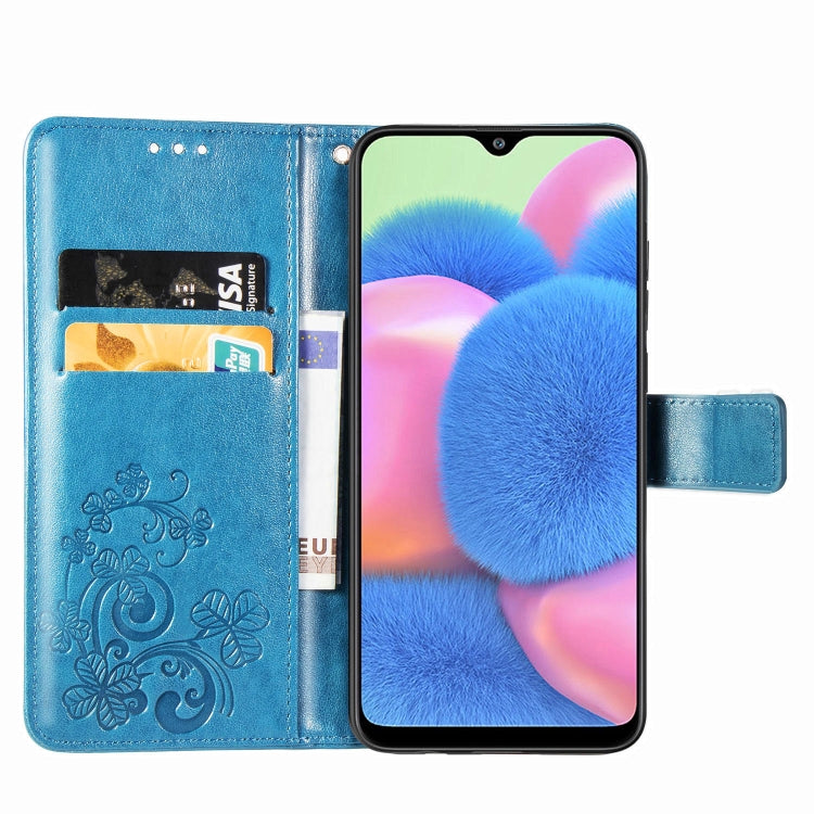 For Galaxy A30S Four-leaf Clasp Embossed Buckle Mobile Phone Protection Leather Case with Lanyard & Card Slot & Wallet & Bracket Function