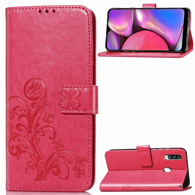 For Galaxy A20S Four-leaf Clasp Embossed Buckle Mobile Phone Protection Leather Case with Lanyard & Card Slot & Wallet & Bracket Function