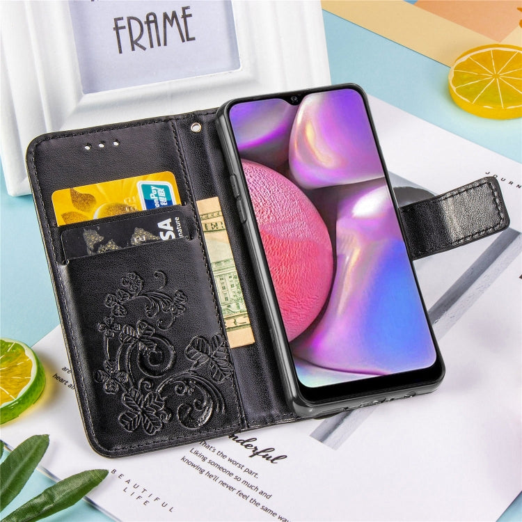 For Galaxy A20S Four-leaf Clasp Embossed Buckle Mobile Phone Protection Leather Case with Lanyard & Card Slot & Wallet & Bracket Function