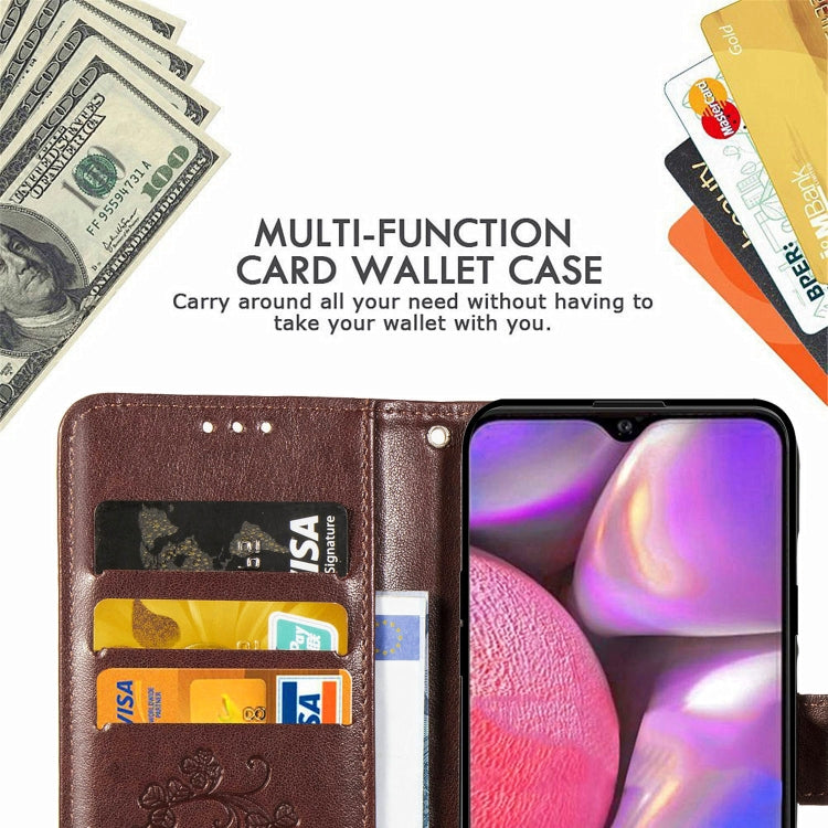 For Galaxy A20S Four-leaf Clasp Embossed Buckle Mobile Phone Protection Leather Case with Lanyard & Card Slot & Wallet & Bracket Function