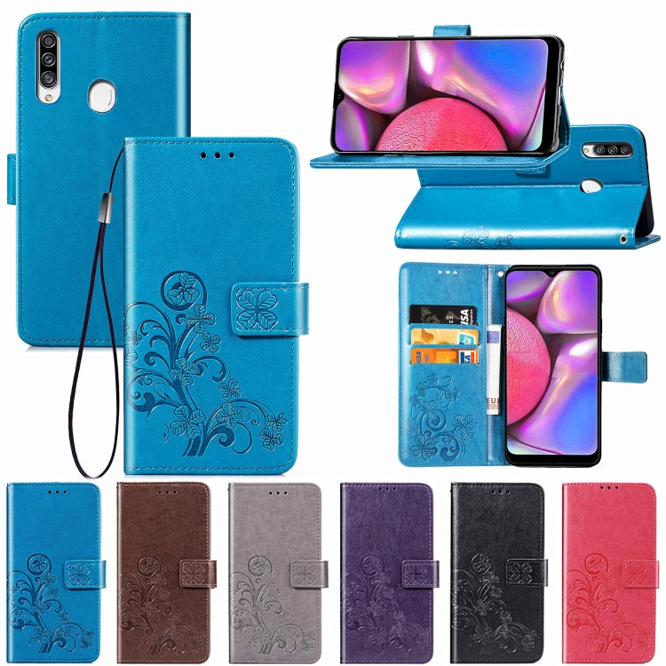 For Galaxy A20S Four-leaf Clasp Embossed Buckle Mobile Phone Protection Leather Case with Lanyard & Card Slot & Wallet & Bracket Function