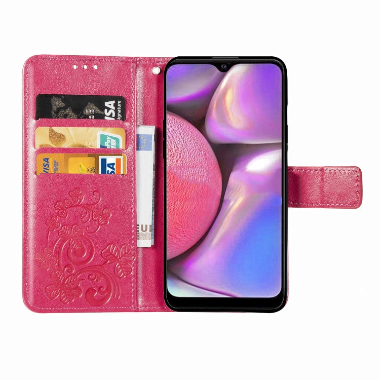 For Galaxy A20S Four-leaf Clasp Embossed Buckle Mobile Phone Protection Leather Case with Lanyard & Card Slot & Wallet & Bracket Function