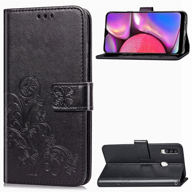 For Galaxy A20S Four-leaf Clasp Embossed Buckle Mobile Phone Protection Leather Case with Lanyard & Card Slot & Wallet & Bracket Function