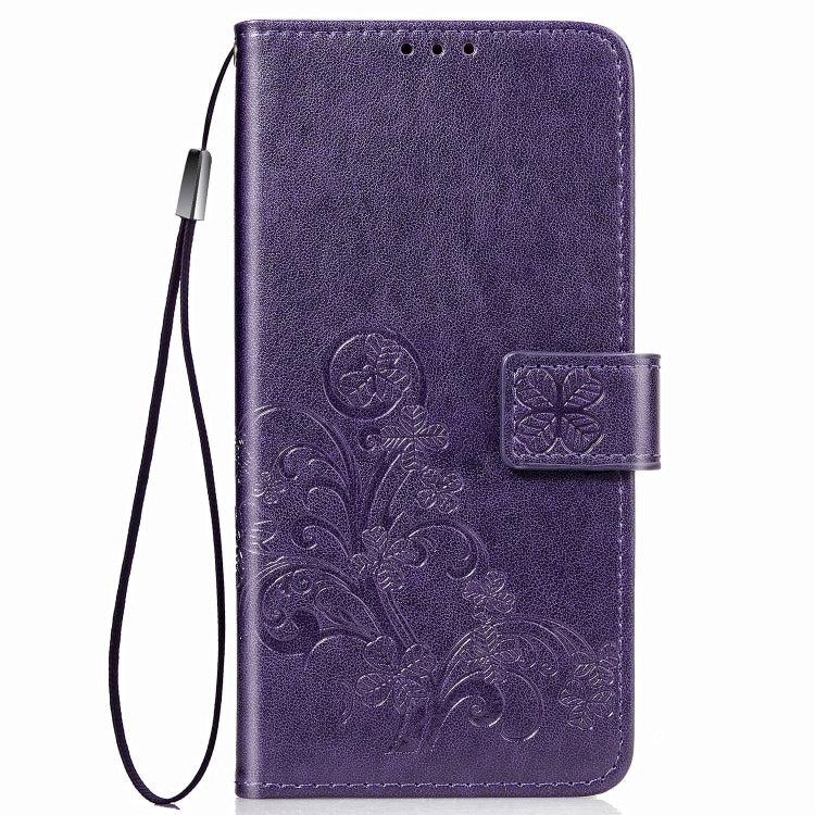 For Galaxy A20S Four-leaf Clasp Embossed Buckle Mobile Phone Protection Leather Case with Lanyard & Card Slot & Wallet & Bracket Function