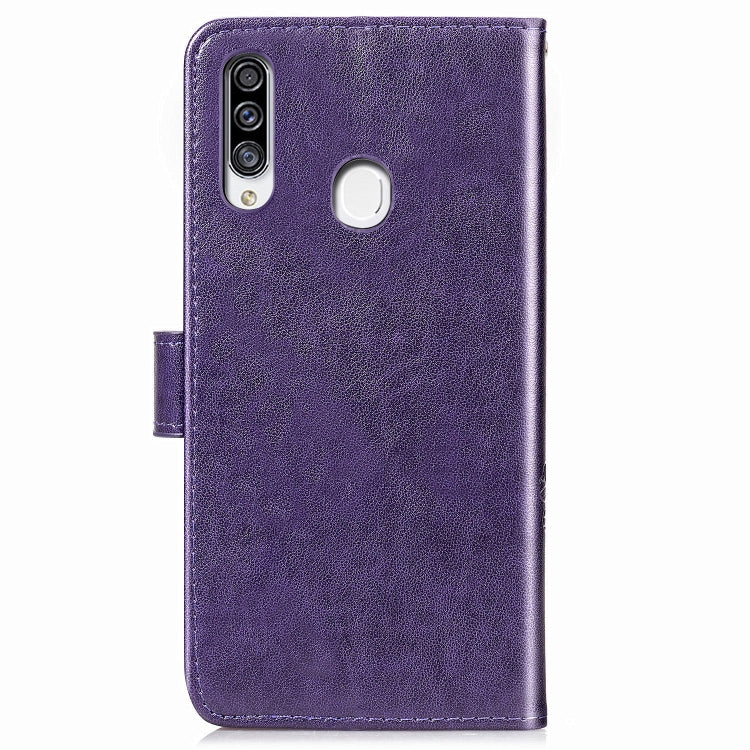 For Galaxy A20S Four-leaf Clasp Embossed Buckle Mobile Phone Protection Leather Case with Lanyard & Card Slot & Wallet & Bracket Function