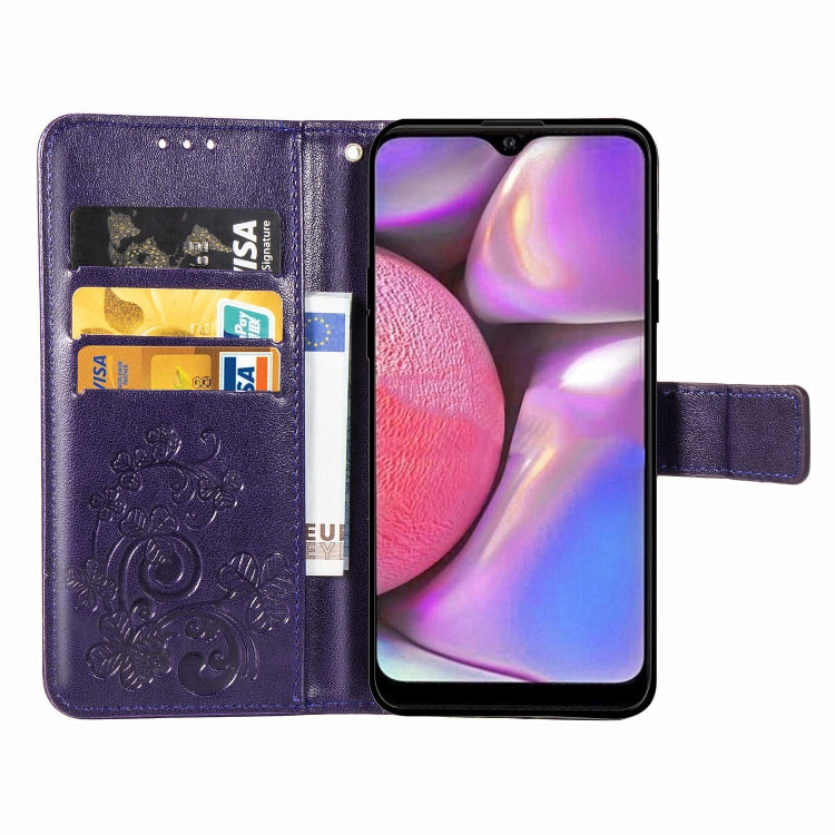 For Galaxy A20S Four-leaf Clasp Embossed Buckle Mobile Phone Protection Leather Case with Lanyard & Card Slot & Wallet & Bracket Function