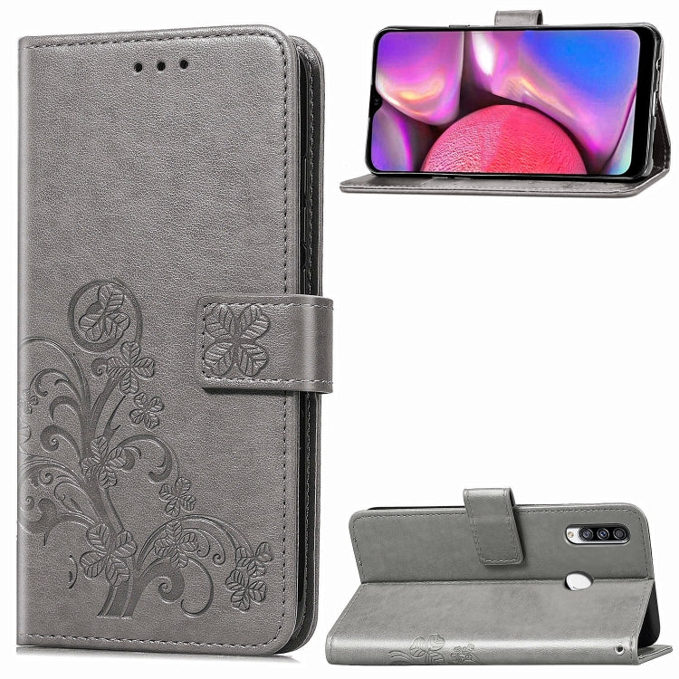 For Galaxy A20S Four-leaf Clasp Embossed Buckle Mobile Phone Protection Leather Case with Lanyard & Card Slot & Wallet & Bracket Function