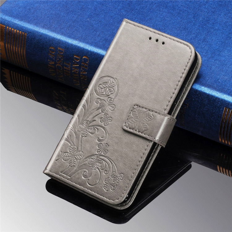 For Galaxy A20S Four-leaf Clasp Embossed Buckle Mobile Phone Protection Leather Case with Lanyard & Card Slot & Wallet & Bracket Function