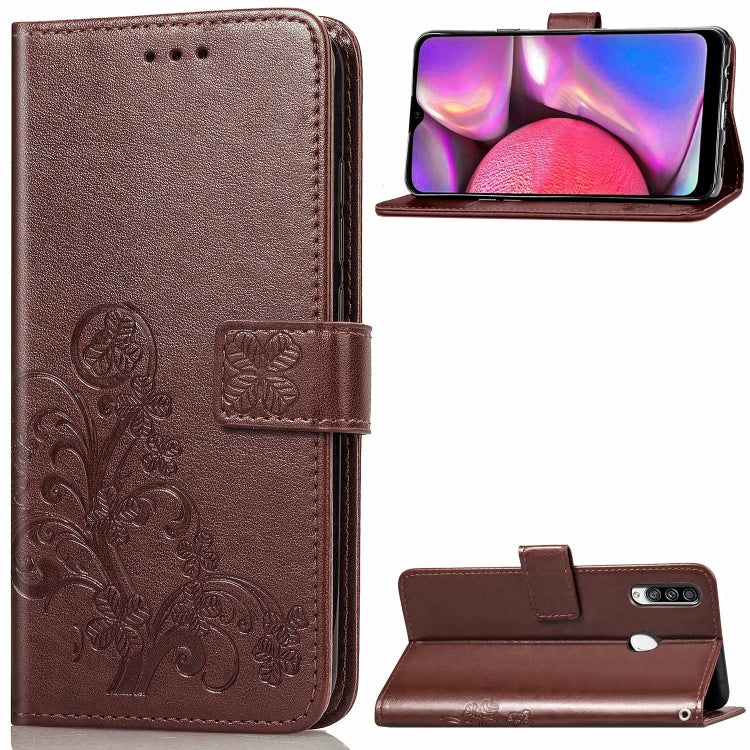 For Galaxy A20S Four-leaf Clasp Embossed Buckle Mobile Phone Protection Leather Case with Lanyard & Card Slot & Wallet & Bracket Function