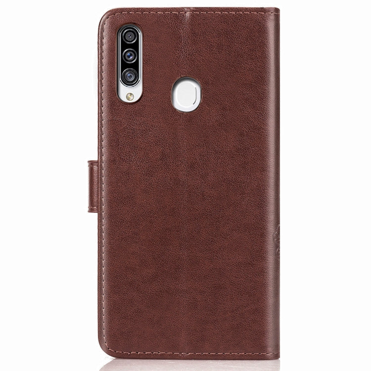 For Galaxy A20S Four-leaf Clasp Embossed Buckle Mobile Phone Protection Leather Case with Lanyard & Card Slot & Wallet & Bracket Function