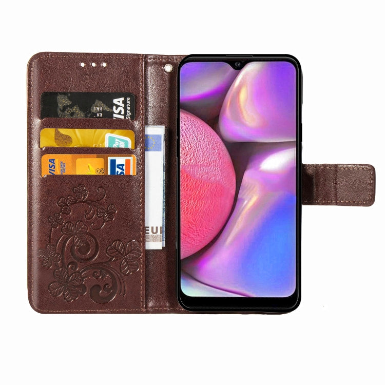 For Galaxy A20S Four-leaf Clasp Embossed Buckle Mobile Phone Protection Leather Case with Lanyard & Card Slot & Wallet & Bracket Function