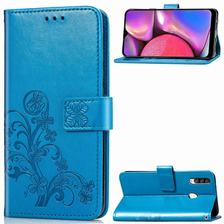 For Galaxy A20S Four-leaf Clasp Embossed Buckle Mobile Phone Protection Leather Case with Lanyard & Card Slot & Wallet & Bracket Function