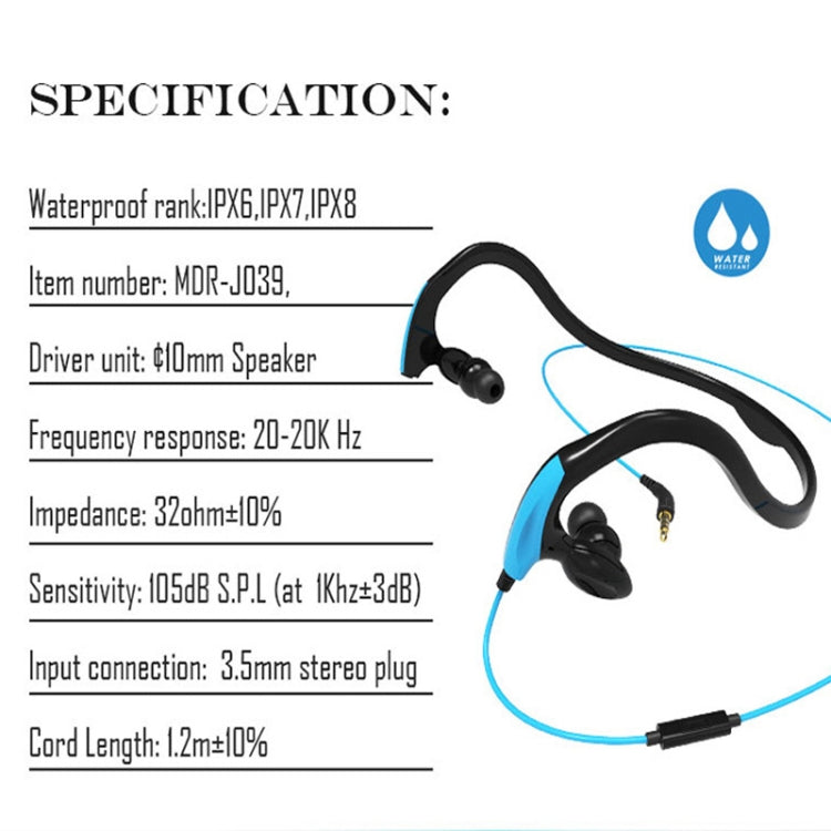 MDR-J039 Waterproof IPX7 10mm Speaker Ergonomic Wired Earhook Earphone Support Underwater Sports