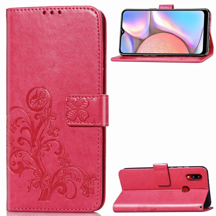 For Galaxy A10s Four-leaf Clasp Embossed Buckle Mobile Phone Protection Leather Case with Lanyard & Card Slot & Wallet & Bracket Function