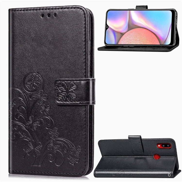 For Galaxy A10s Four-leaf Clasp Embossed Buckle Mobile Phone Protection Leather Case with Lanyard & Card Slot & Wallet & Bracket Function