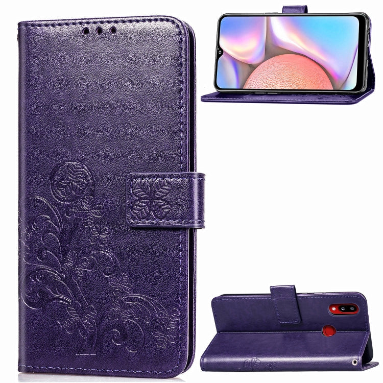 For Galaxy A10s Four-leaf Clasp Embossed Buckle Mobile Phone Protection Leather Case with Lanyard & Card Slot & Wallet & Bracket Function