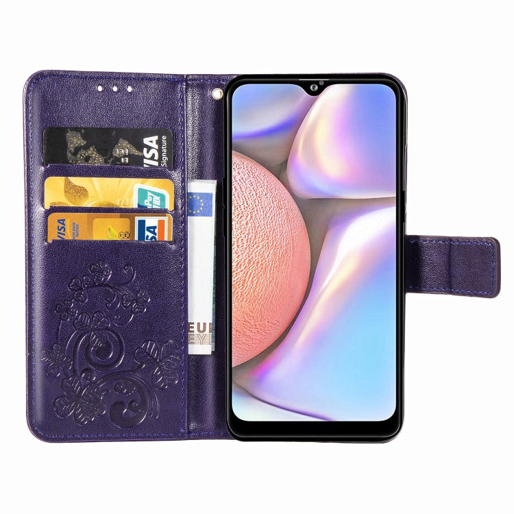 For Galaxy A10s Four-leaf Clasp Embossed Buckle Mobile Phone Protection Leather Case with Lanyard & Card Slot & Wallet & Bracket Function