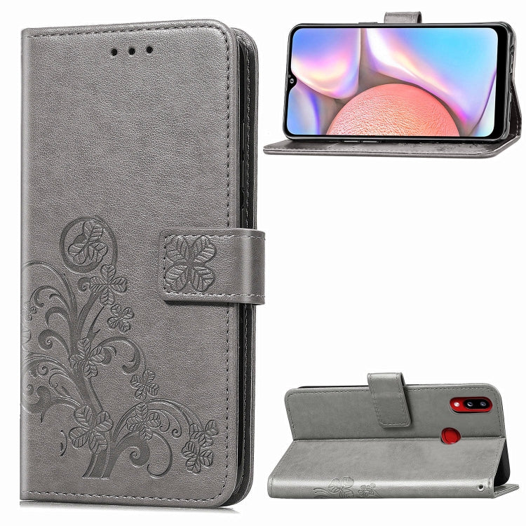 For Galaxy A10s Four-leaf Clasp Embossed Buckle Mobile Phone Protection Leather Case with Lanyard & Card Slot & Wallet & Bracket Function