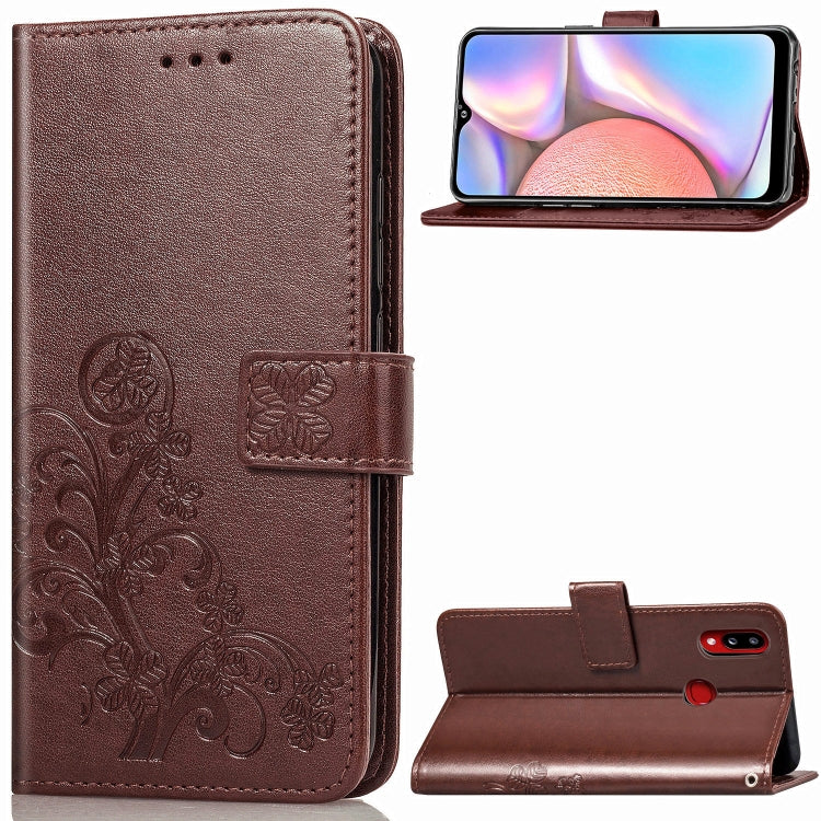 For Galaxy A10s Four-leaf Clasp Embossed Buckle Mobile Phone Protection Leather Case with Lanyard & Card Slot & Wallet & Bracket Function