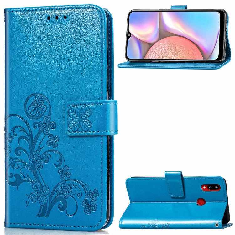 For Galaxy A10s Four-leaf Clasp Embossed Buckle Mobile Phone Protection Leather Case with Lanyard & Card Slot & Wallet & Bracket Function