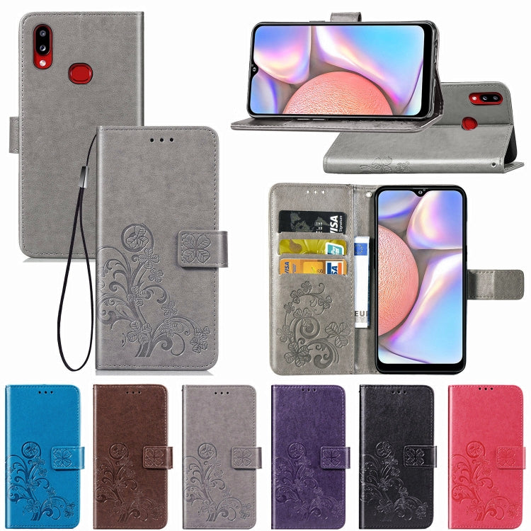 For Galaxy A10s Four-leaf Clasp Embossed Buckle Mobile Phone Protection Leather Case with Lanyard & Card Slot & Wallet & Bracket Function