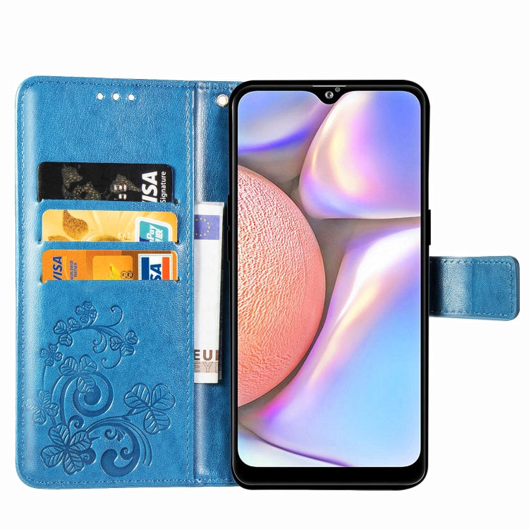 For Galaxy A10s Four-leaf Clasp Embossed Buckle Mobile Phone Protection Leather Case with Lanyard & Card Slot & Wallet & Bracket Function