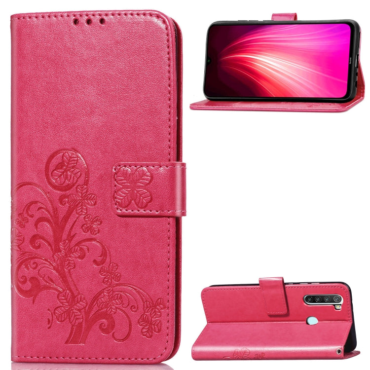 For Xiaomi Redmi Note 8  Four-leaf Clasp Embossed Buckle Mobile Phone Protection Leather Case with Lanyard & Card Slot & Wallet & Bracket Function