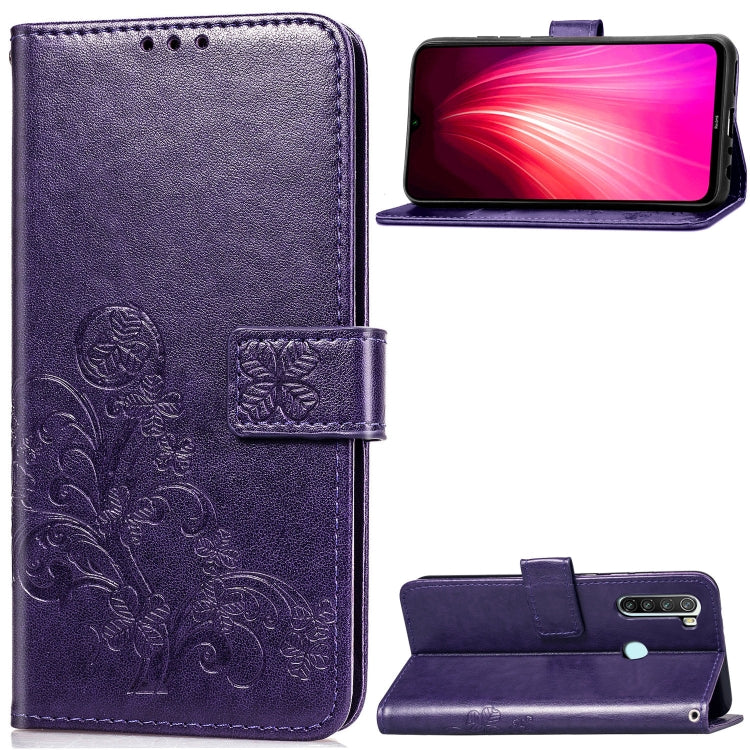 For Xiaomi Redmi Note 8  Four-leaf Clasp Embossed Buckle Mobile Phone Protection Leather Case with Lanyard & Card Slot & Wallet & Bracket Function
