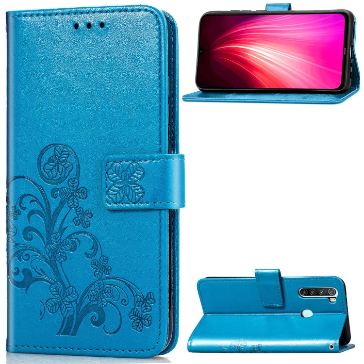 For Xiaomi Redmi Note 8  Four-leaf Clasp Embossed Buckle Mobile Phone Protection Leather Case with Lanyard & Card Slot & Wallet & Bracket Function