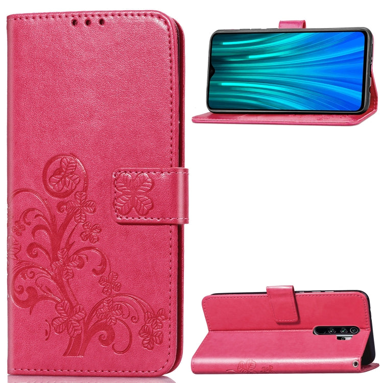 For Xiaomi Redmi Note 8 Pro Four-leaf Clasp Embossed Buckle Mobile Phone Protection Leather Case with Lanyard & Card Slot & Wallet & Bracket Function