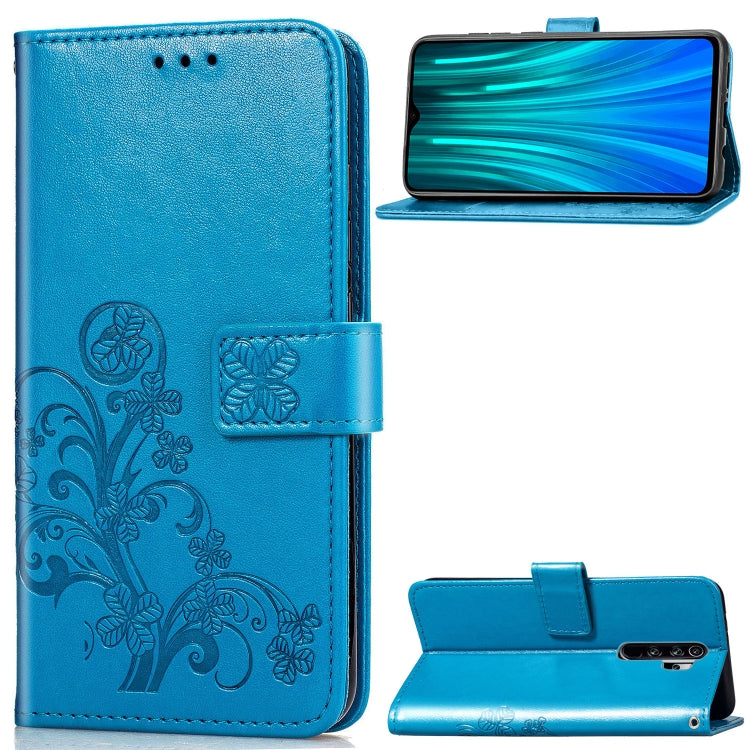 For Xiaomi Redmi Note 8 Pro Four-leaf Clasp Embossed Buckle Mobile Phone Protection Leather Case with Lanyard & Card Slot & Wallet & Bracket Function
