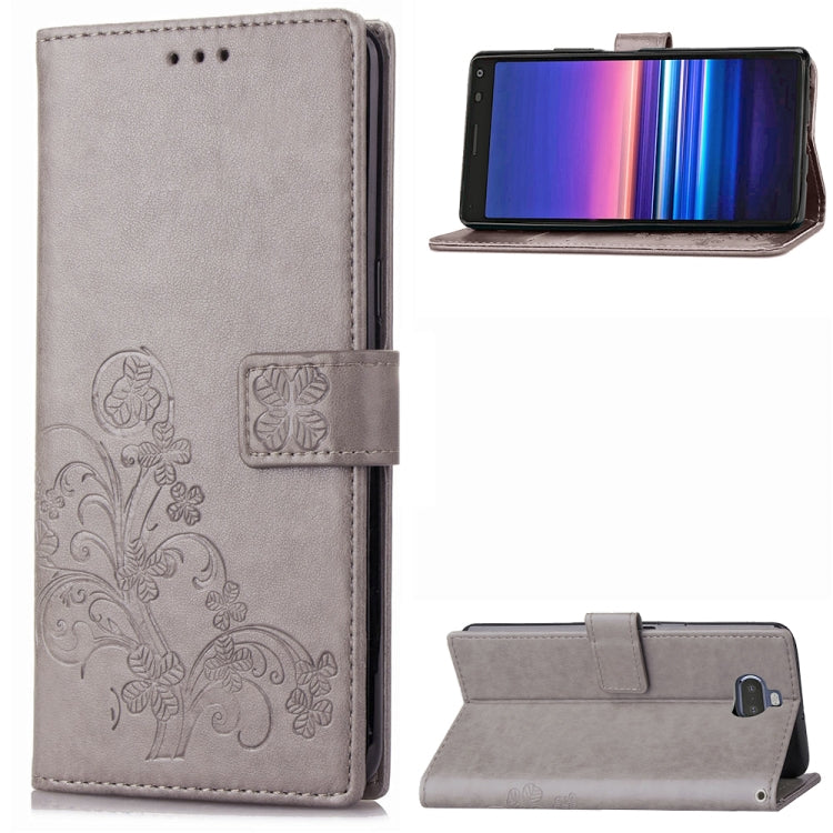 For Sony Xperia 20 Four-leaf Clasp Embossed Buckle Mobile Phone Protection Leather Case with Lanyard & Card Slot & Wallet & Bracket Function