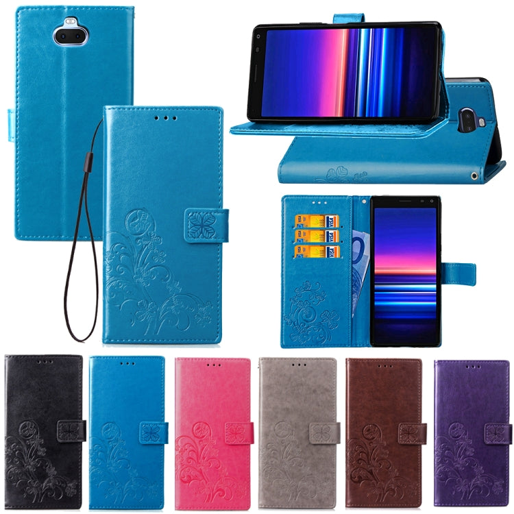 For Sony Xperia 20 Four-leaf Clasp Embossed Buckle Mobile Phone Protection Leather Case with Lanyard & Card Slot & Wallet & Bracket Function