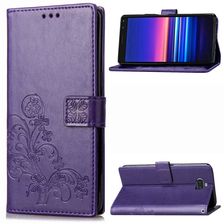 For Sony Xperia 20 Four-leaf Clasp Embossed Buckle Mobile Phone Protection Leather Case with Lanyard & Card Slot & Wallet & Bracket Function