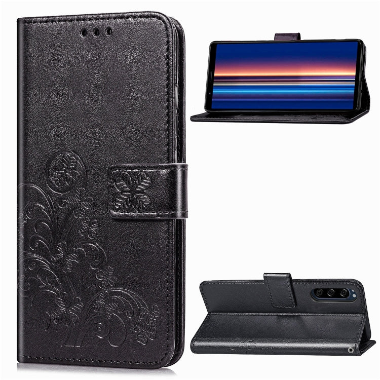 For Sony Xperia 5 Four-leaf Clasp Embossed Buckle Mobile Phone Protection Leather Case with Lanyard & Card Slot & Wallet & Bracket Function