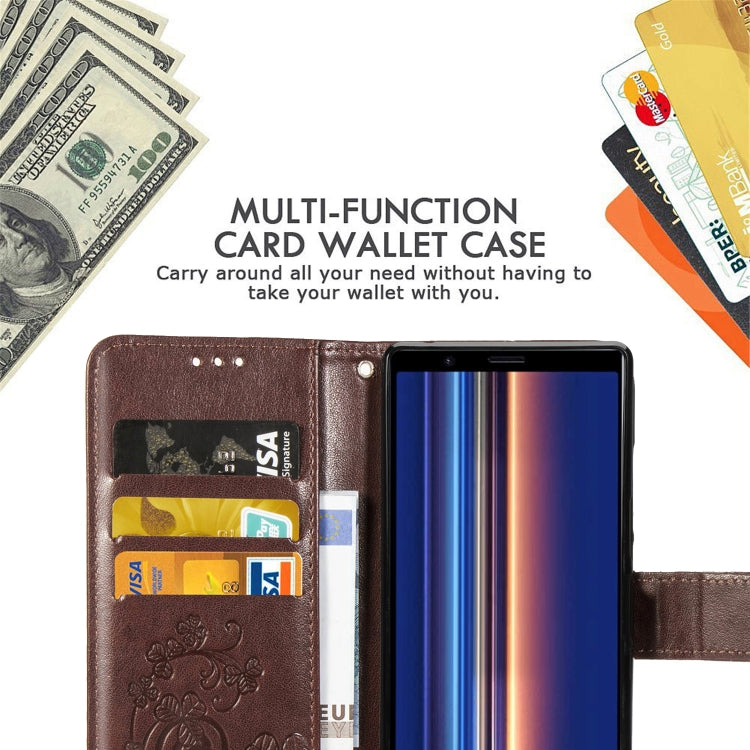 For Sony Xperia 5 Four-leaf Clasp Embossed Buckle Mobile Phone Protection Leather Case with Lanyard & Card Slot & Wallet & Bracket Function