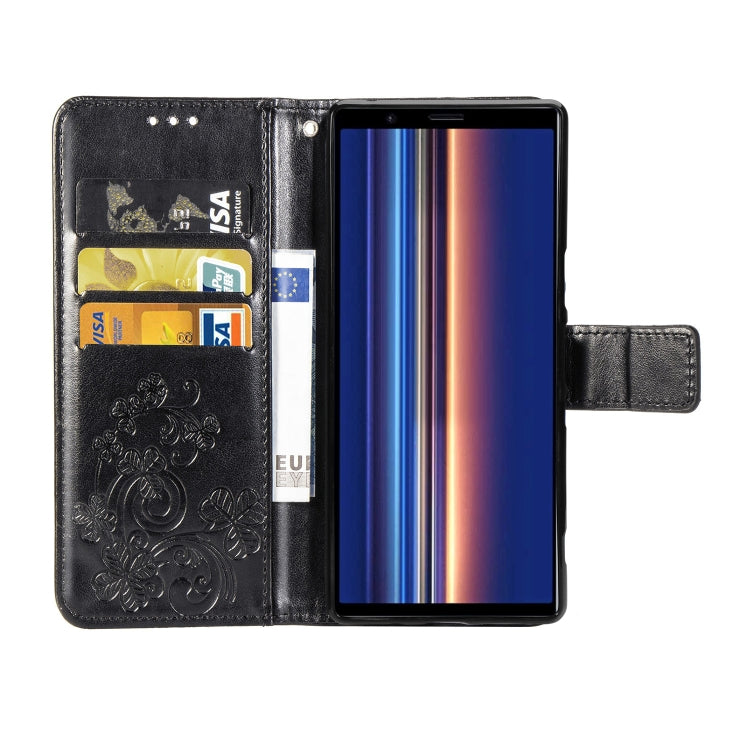 For Sony Xperia 5 Four-leaf Clasp Embossed Buckle Mobile Phone Protection Leather Case with Lanyard & Card Slot & Wallet & Bracket Function