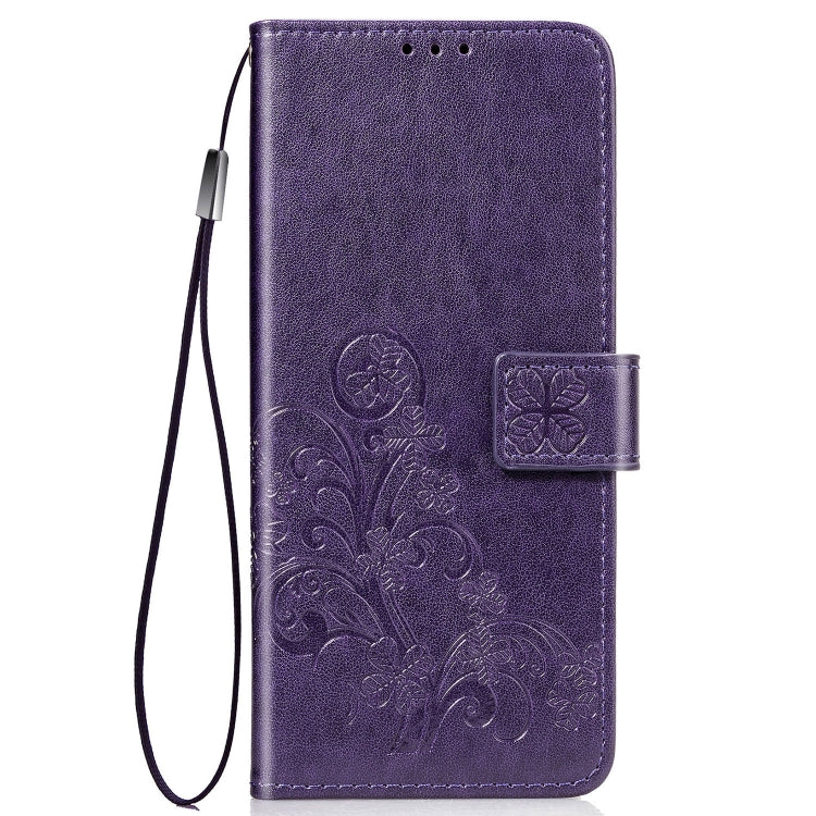 For Sony Xperia 5 Four-leaf Clasp Embossed Buckle Mobile Phone Protection Leather Case with Lanyard & Card Slot & Wallet & Bracket Function