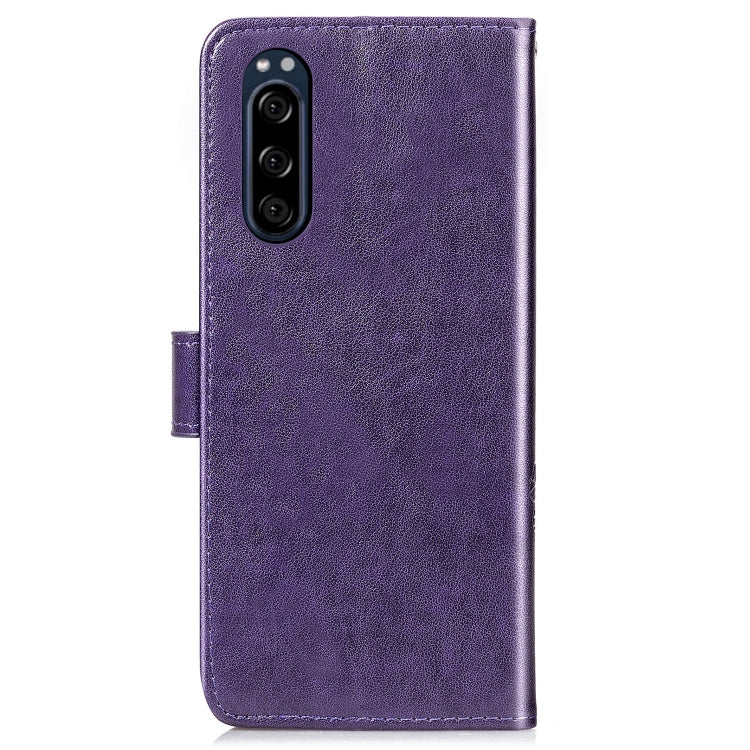 For Sony Xperia 5 Four-leaf Clasp Embossed Buckle Mobile Phone Protection Leather Case with Lanyard & Card Slot & Wallet & Bracket Function