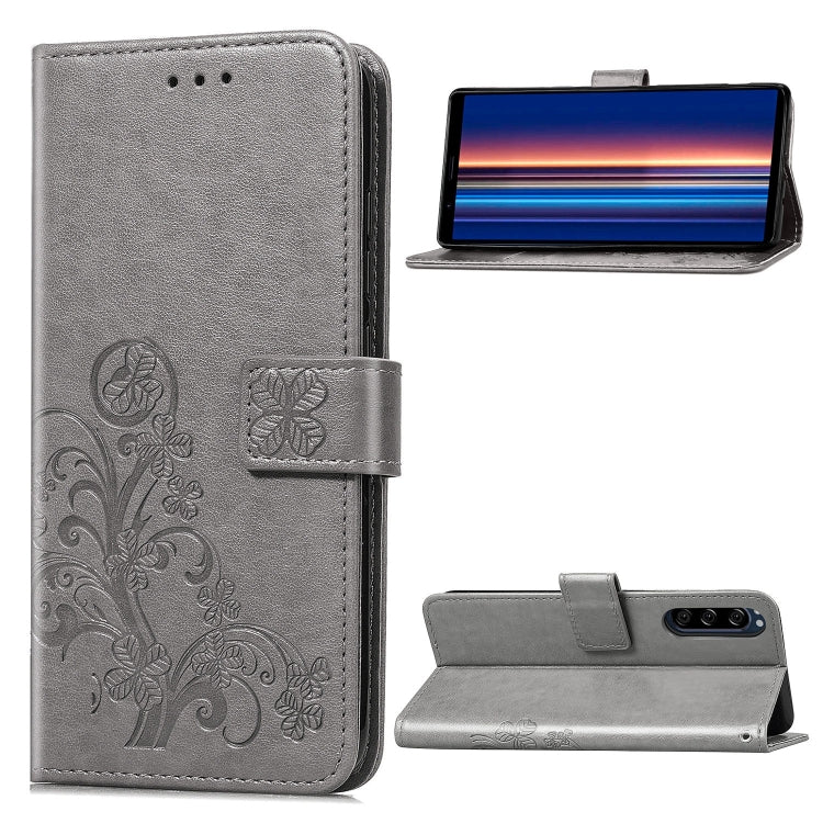 For Sony Xperia 5 Four-leaf Clasp Embossed Buckle Mobile Phone Protection Leather Case with Lanyard & Card Slot & Wallet & Bracket Function