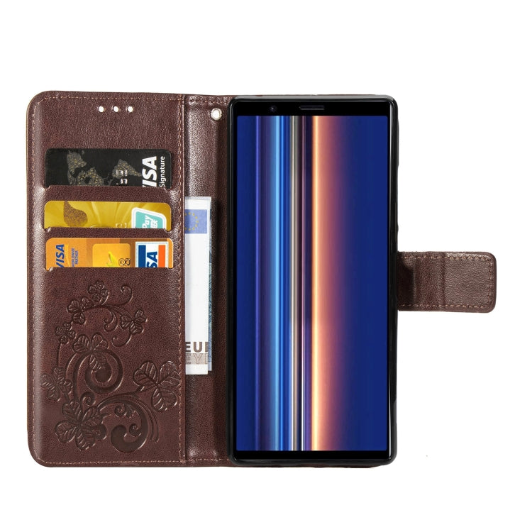 For Sony Xperia 5 Four-leaf Clasp Embossed Buckle Mobile Phone Protection Leather Case with Lanyard & Card Slot & Wallet & Bracket Function