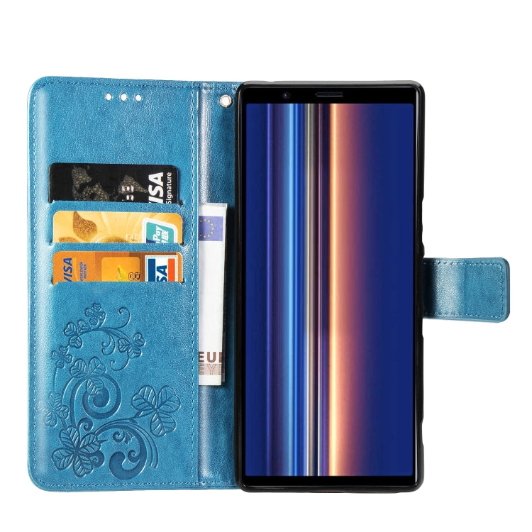 For Sony Xperia 5 Four-leaf Clasp Embossed Buckle Mobile Phone Protection Leather Case with Lanyard & Card Slot & Wallet & Bracket Function