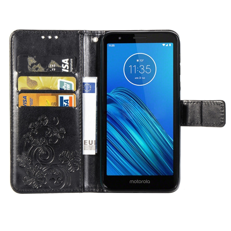 For Moto E6  Four-leaf Clasp Embossed Buckle Mobile Phone Protection Leather Case with Lanyard & Card Slot & Wallet & Bracket Function
