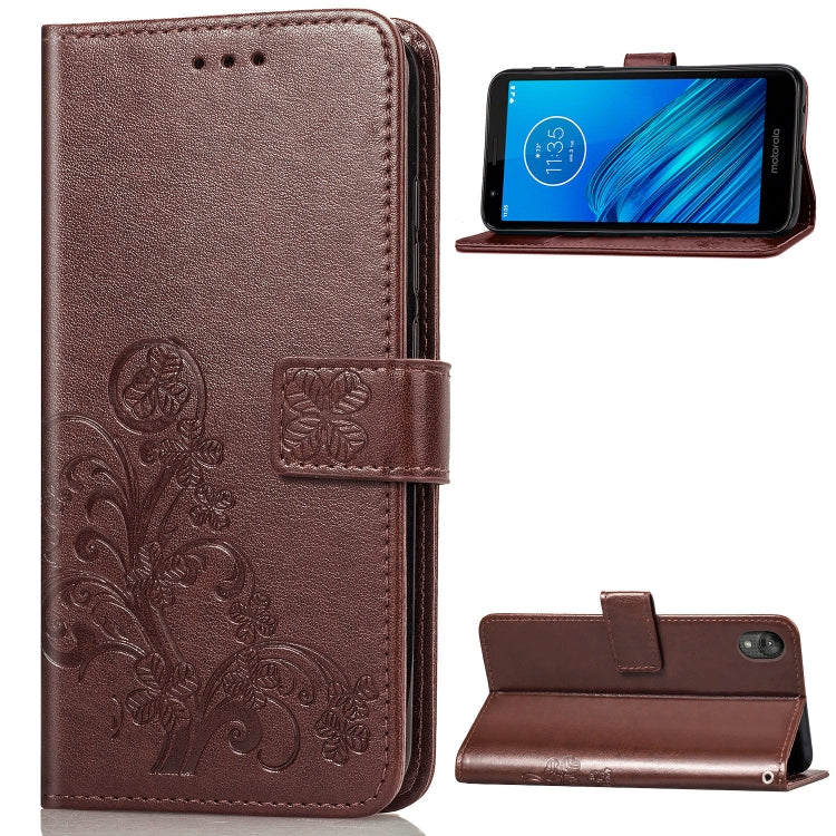 For Moto E6  Four-leaf Clasp Embossed Buckle Mobile Phone Protection Leather Case with Lanyard & Card Slot & Wallet & Bracket Function