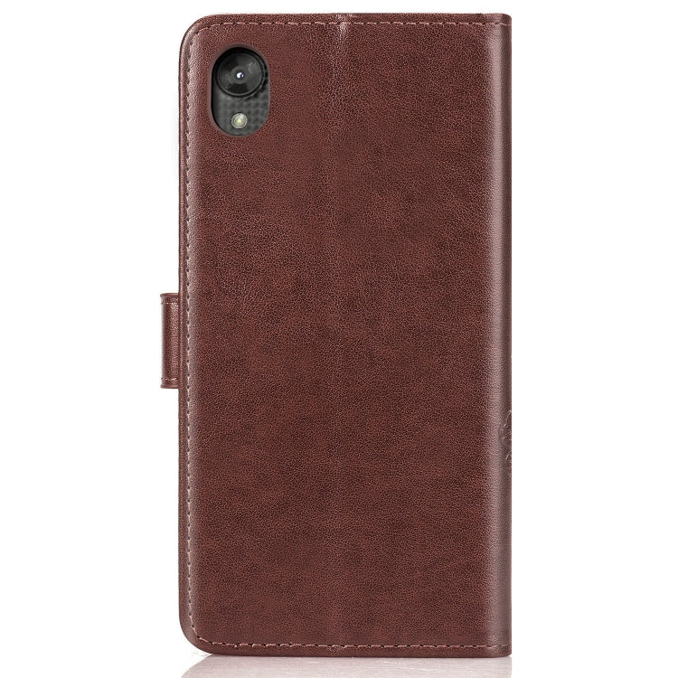 For Moto E6  Four-leaf Clasp Embossed Buckle Mobile Phone Protection Leather Case with Lanyard & Card Slot & Wallet & Bracket Function