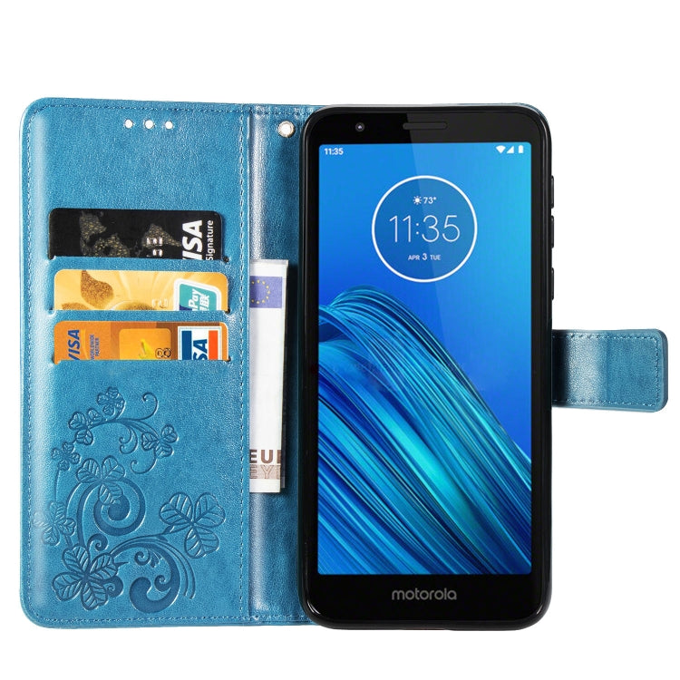 For Moto E6  Four-leaf Clasp Embossed Buckle Mobile Phone Protection Leather Case with Lanyard & Card Slot & Wallet & Bracket Function