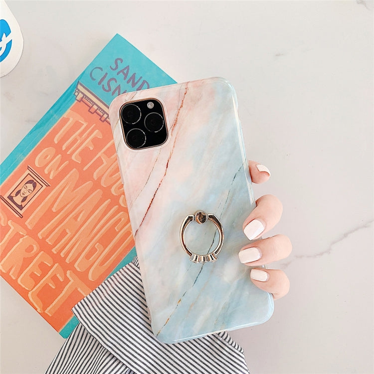 For iPhone 11 TPU Smooth Marble with Ring Metal Rhinestone Bracket Mobile Phone Protective Case