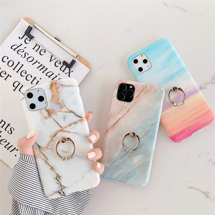 For iPhone 11 TPU Smooth Marble with Ring Metal Rhinestone Bracket Mobile Phone Protective Case